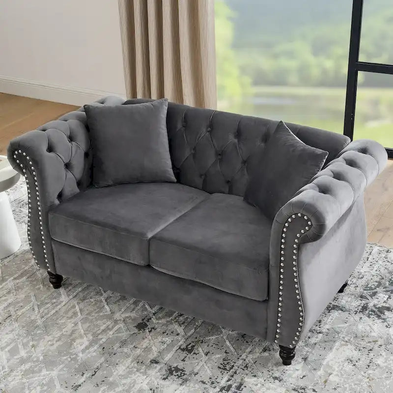 Grey/Beige Velvet Chesterfield Loveseat, Rolled Arms & Nailhead Trim, Seats 2