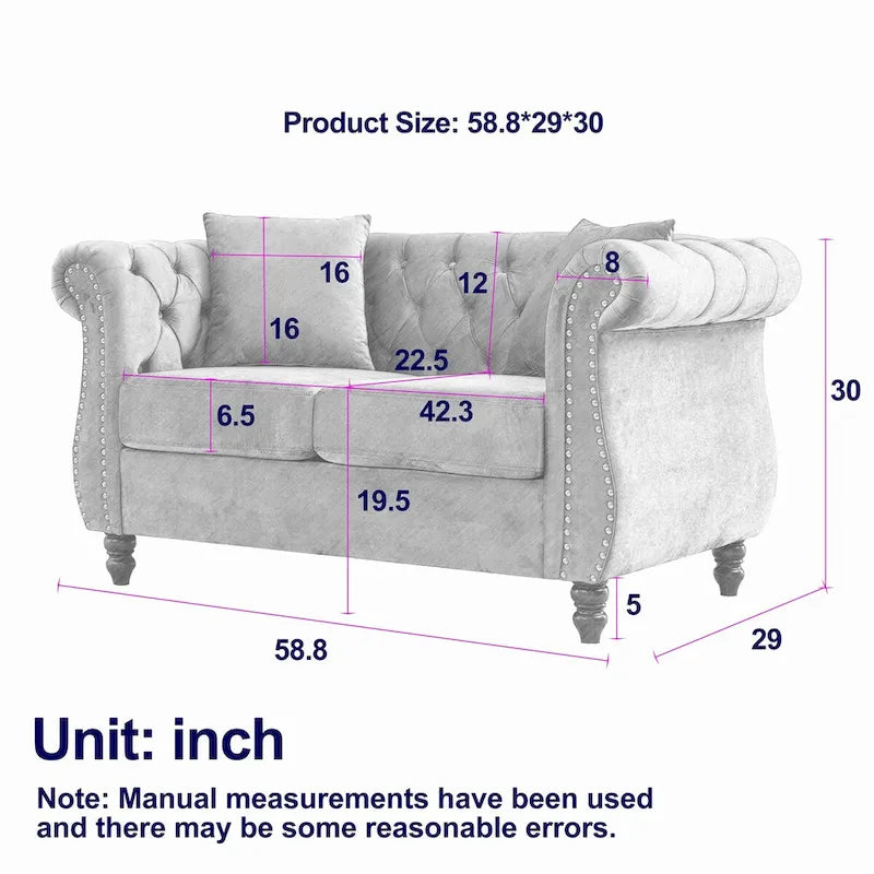 Grey/Beige Velvet Chesterfield Loveseat, Rolled Arms & Nailhead Trim, Seats 2
