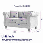 Grey/Beige Velvet Chesterfield Loveseat, Rolled Arms & Nailhead Trim, Seats 2