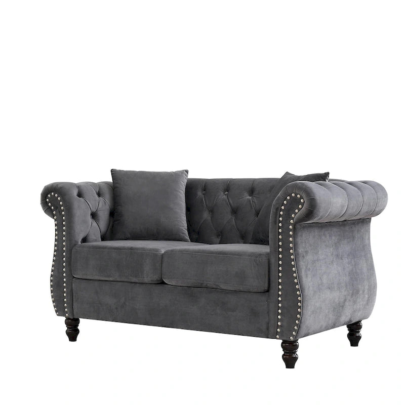 Grey/Beige Velvet Chesterfield Loveseat, Rolled Arms & Nailhead Trim, Seats 2