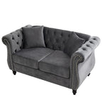 Grey/Beige Velvet Chesterfield Loveseat, Rolled Arms & Nailhead Trim, Seats 2