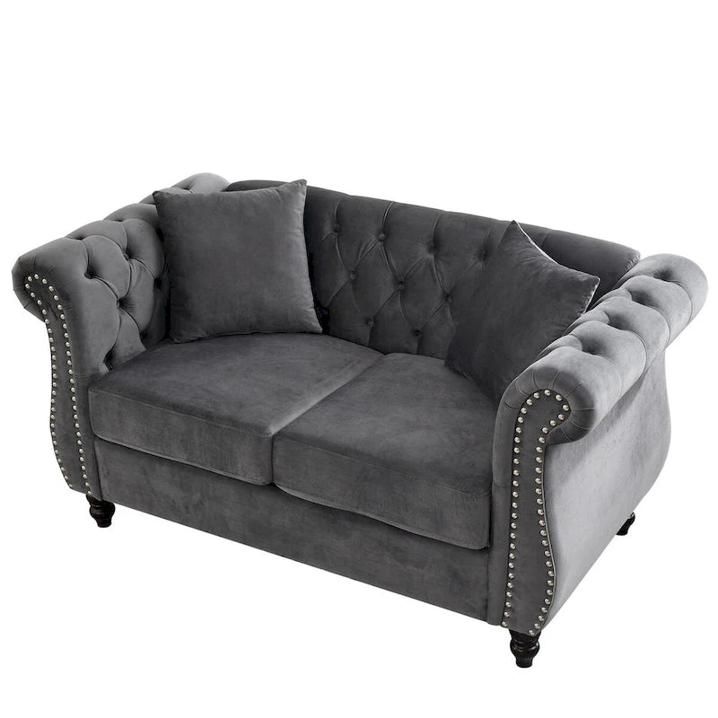 Grey/Beige Velvet Chesterfield Loveseat, Rolled Arms & Nailhead Trim, Seats 2