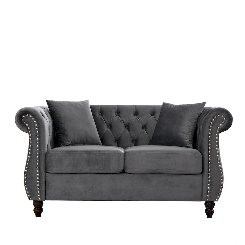Grey/Beige Velvet Chesterfield Loveseat, Rolled Arms & Nailhead Trim, Seats 2