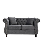 Grey/Beige Velvet Chesterfield Loveseat, Rolled Arms & Nailhead Trim, Seats 2