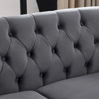Grey/Beige Velvet Chesterfield Loveseat, Rolled Arms & Nailhead Trim, Seats 2