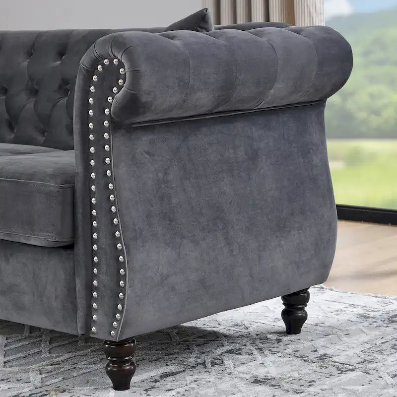 Grey/Beige Velvet Chesterfield Loveseat, Rolled Arms & Nailhead Trim, Seats 2