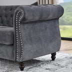 Grey/Beige Velvet Chesterfield Loveseat, Rolled Arms & Nailhead Trim, Seats 2