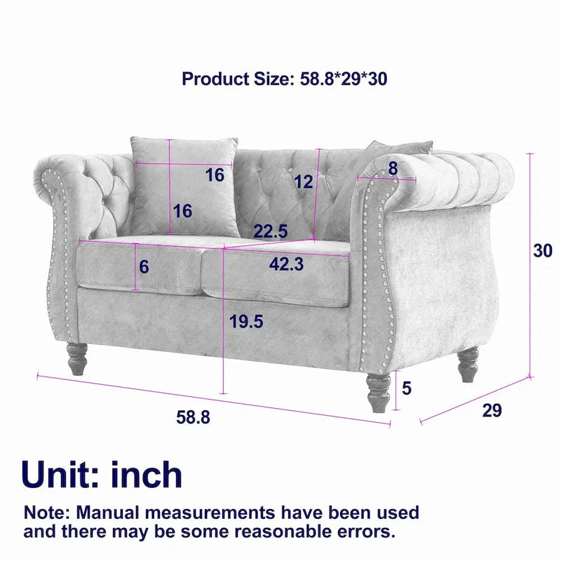 Grey/Beige Velvet Chesterfield Loveseat, Rolled Arms & Nailhead Trim, Seats 2