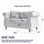 Grey/Beige Velvet Chesterfield Loveseat, Rolled Arms & Nailhead Trim, Seats 2