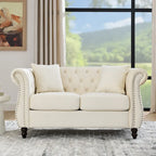 Grey/Beige Velvet Chesterfield Loveseat, Rolled Arms & Nailhead Trim, Seats 2