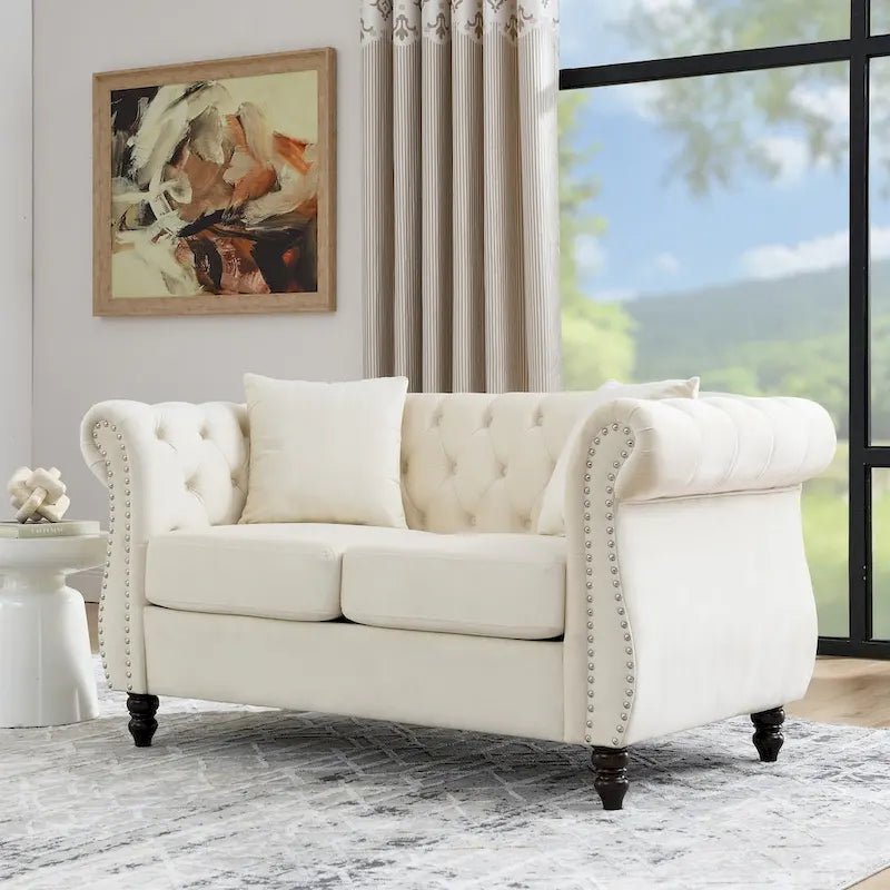 Grey/Beige Velvet Chesterfield Loveseat, Rolled Arms & Nailhead Trim, Seats 2