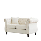 Grey/Beige Velvet Chesterfield Loveseat, Rolled Arms & Nailhead Trim, Seats 2