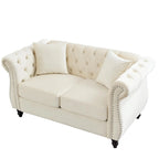 Grey/Beige Velvet Chesterfield Loveseat, Rolled Arms & Nailhead Trim, Seats 2