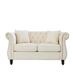 Grey/Beige Velvet Chesterfield Loveseat, Rolled Arms & Nailhead Trim, Seats 2