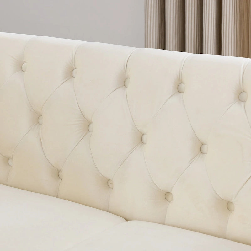 Grey/Beige Velvet Chesterfield Loveseat, Rolled Arms & Nailhead Trim, Seats 2