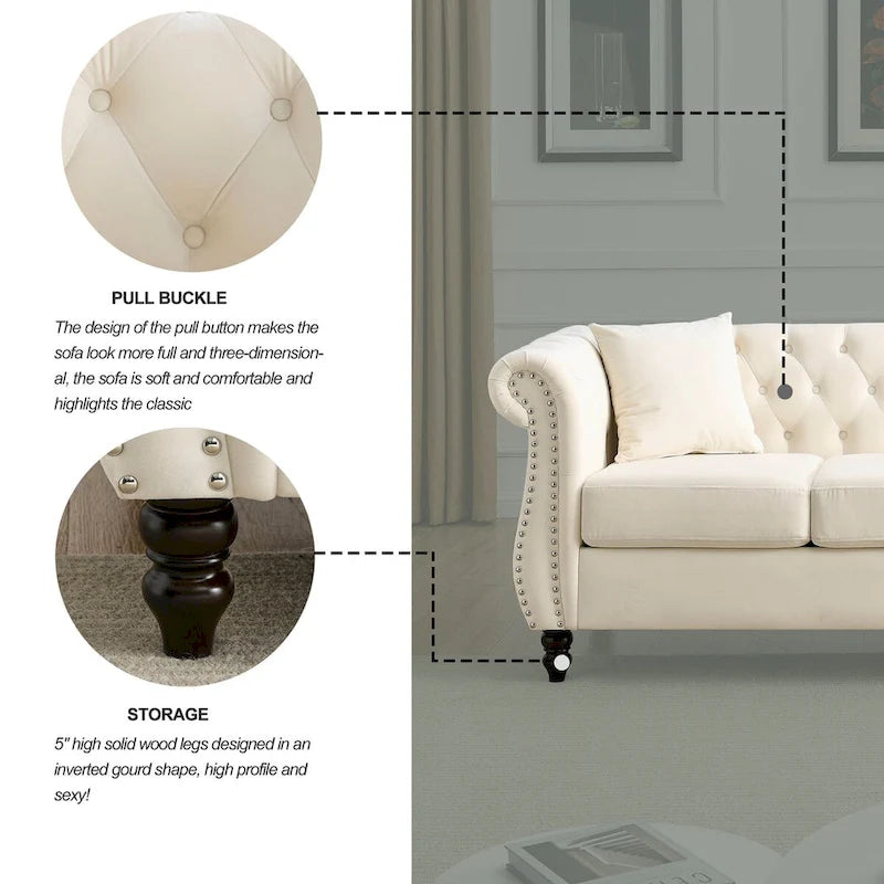Beige velvet three-seater sofa with rolled-up armrests and rivet decorations; seats 3 people.