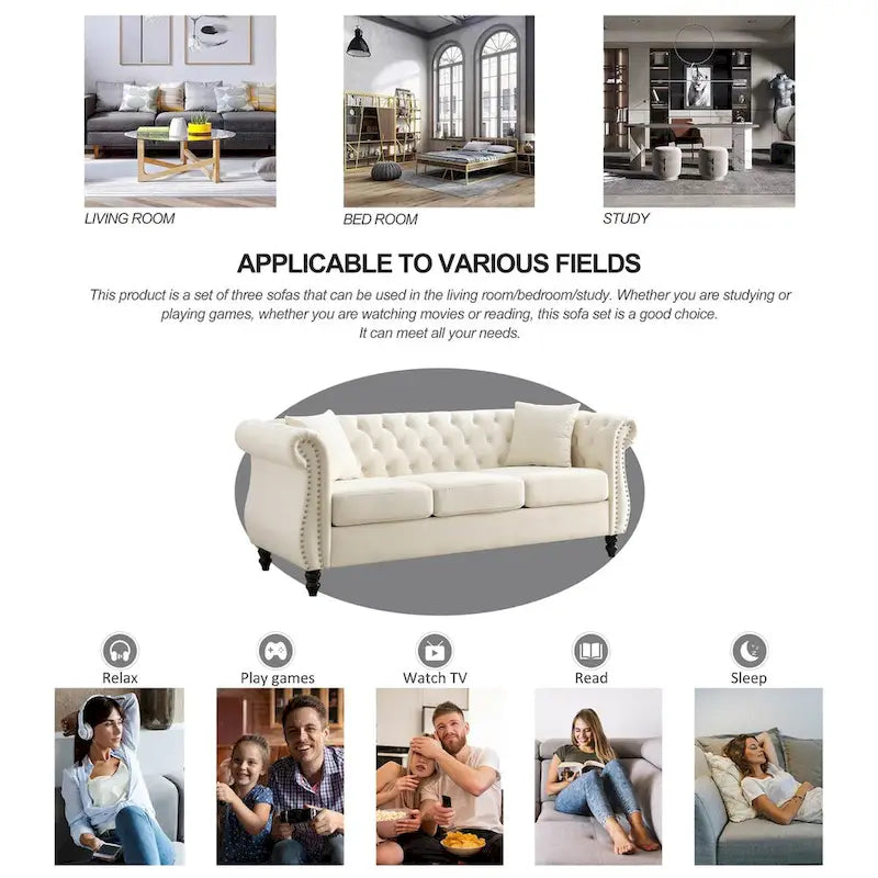 Beige velvet three-seater sofa with rolled-up armrests and rivet decorations; seats 3 people.