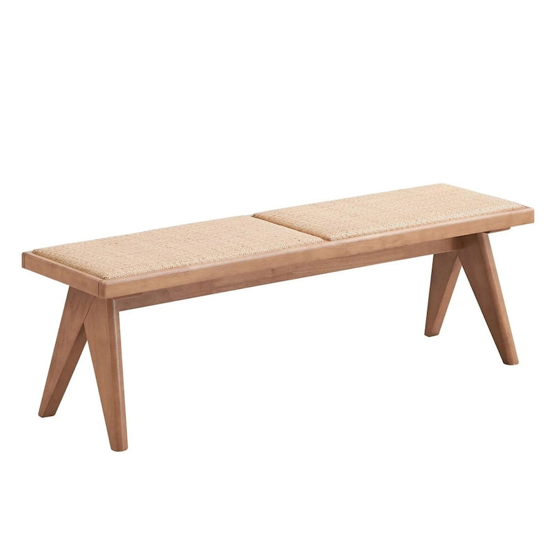 Tina 51 Inch Dining Bench, Transitional Woven Rattan, Natural Brown Wood